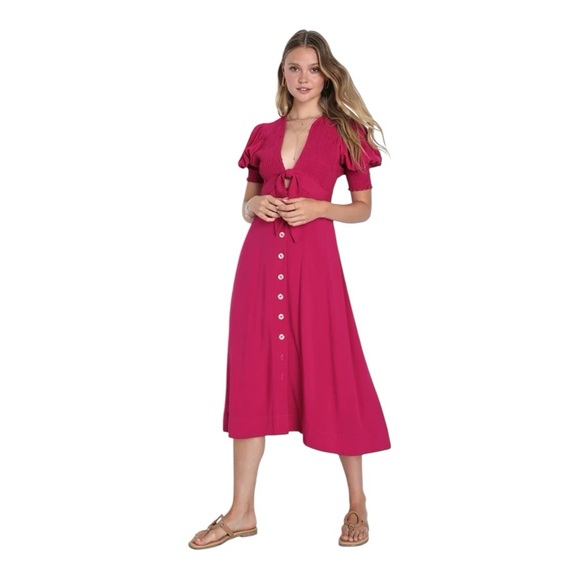 Lulu’s Featured Cutie Berry Pink Smocked Tie-Front Midi Dress Size XS - Picture 1 of 17